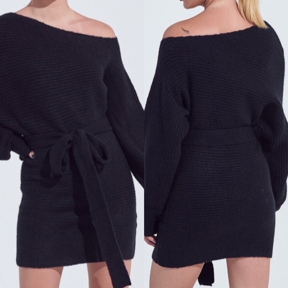 . Warm Hugs Off The Shoulder Black Chunky Knit Tie Sweater Dress - Picture 5 of 11